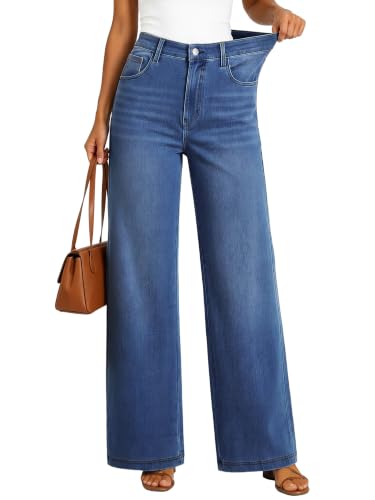 EMMIOL Women's Wide Leg Jeans Cotton Stretch Knit Jeans Mid Blue, S