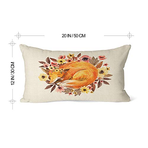 Ekobla Throw Pillow Cover Fox Sleepy Animal Colorful Wild Flower Wreath Leaves Chrysanthemum Daisy Peony Rectangular Throw Pillow Covers For Couch Sofa Home Decor Cotton Linen 12X20 Inch #TOP5