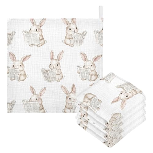 Image of vvfelixl Bunny Reading Newspapers Baby Burp Cloths Baby Muslin Washcloths for Boys Girls Cotton Babys Face Towel for Newborn Infants Soft and Absorbent 11.8 X 11.8 in, 5 Pack