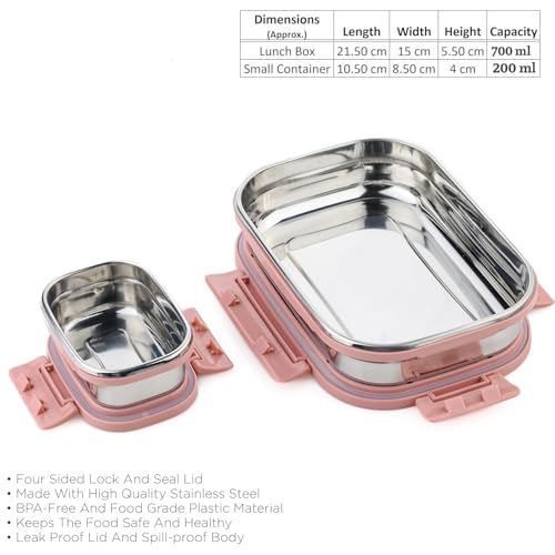 Image of Premium Stainless Steel Tiffin Lunch Box Set, 700ml + 200ml | Leak-Proof, Airtight, Food Grade Steel | 4 Side Clip Lock Lid (2PC Pink, Lunch Box - for Kids)