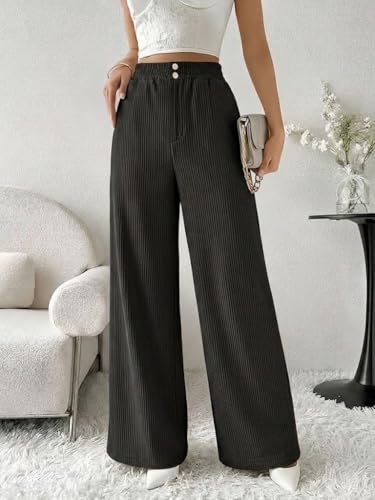 Image of SMOWKLY Authentics Women's Trendy Casual Corduroy Stretchable Baggy Loose Korean Trouser with Pockets || High Rise Elastic Waist Going Out Lounge Pants || Wide Leg Summer Pants for Woman
