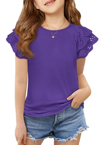 Image of Haloumoning Girls Ruffle Sleeve T Shirts Summer Short Sleeve Casual Cute Crewneck Tops Tees 5-14 Years