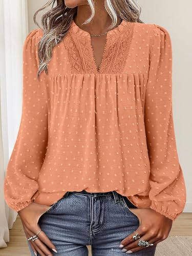 BETTE BOUTIK Women Boho Long Sleeve Shirts Dressy Casual V Neck Fall Fashion Tops Swiss Dot Flowy Blouses