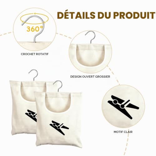 Dreamil Lot de 2 sacs à pinces à linge en lin avec motif, réutilisables pour un usage domestique (sac de rangement en mélange de coton pour pinces à linge, suspendus et rotatifs) – vue 3