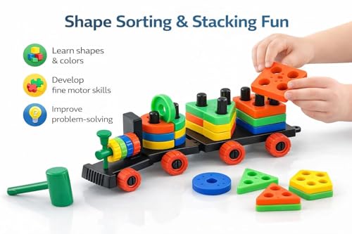 Image of Brand Conquer Toy for Toddlers | Pull Along Shape Sorting & Stacking Puzzle with Hammer | Geometric Blocks Educational Toy | Montessori Early Development Gift for Boys (3-in-1 Learning Train)