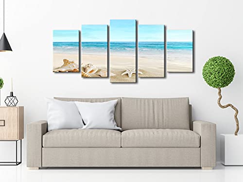 Pyradecor Seashell 5 panels Seascape Canvas Prints Landscape Pictures Paintings Modern Stretched Canvas Wall Art Sea Beach Pictures Artwork for Home Decor - Image 2