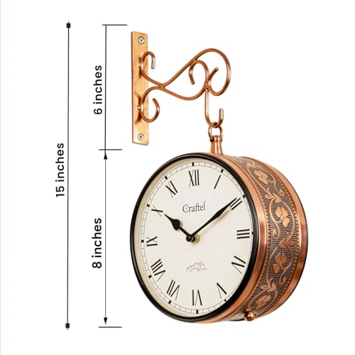 Image of CRAFTEL Double Sided Station Wall Clock Electroplated | Both Side Roman Numerals | Aluminum Matte-Finish Dial | Dial - 8 Inches, Rose Gold | 365 Days Warranty