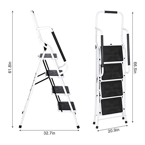 Usinso 4 Step Ladder Tool Ladder Folding Portable Steel Frame Max 500 Lbs Non-Slip Side Armrests Large Area Pedals Detachable Toolbag Suitable For Home Office Engineering #TOP4
