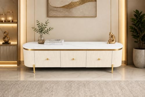 Image of Mazzo White Marble TV Unit Console | 70 inchx15 inchx18 inch | Golden Legs & Charcoal Louvers | Storage Drawers | Modern TV Stand Console Unit White Marble Top with Gold Accents, Storage (Ivory)