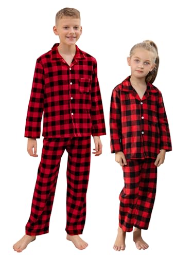 QZH.DUAO Kids Plaid Holiday Christmas Pajamas,Boys & Girls Flannel Button Down Sleepwear Pajamas Set