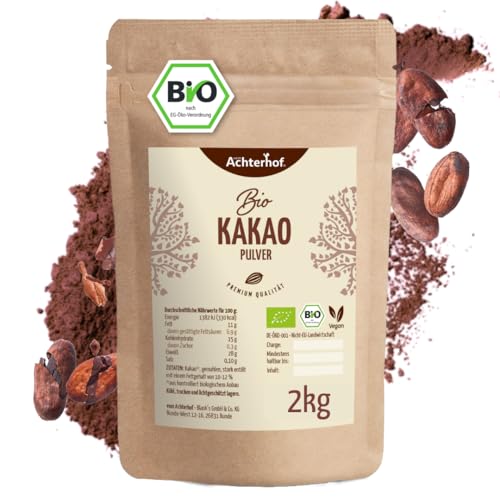 Kakao Pulver Bio 2kg | Kakao-Pulver mit feinstem Aroma | naturbelassen und nicht alkalisiert | Achterhof