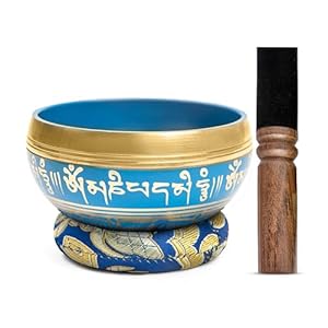 8cm Kleine Gold-Blaue Tibetische Klangschale aus Messing, Meisterheilstufe | Singing Bowls