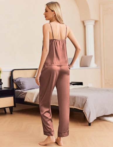 Image of Ekouaer Silk Pajamas for Women Set Tank Top Pj Sets 2 Piece Lounge Set | Satin Womens Pajama Sets Sexy Sleeveless Loungewear Long Pants Sleepwear Soft Cami Pjs Sets with Pocket S-XXL