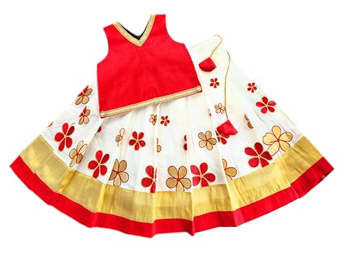 Stanwells kids Red & Gold Baby girls Traditional Ethnic Kerala Kasavu Style Banarasi Silk Lehenga Choli Set
