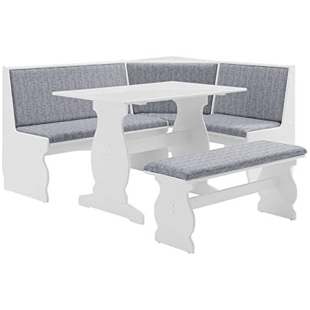 Riverbay Patio Conversation Indoor 3 Piece Kitchen Corner Nook Table Booth  Bench Breakfast Dining Set in Light Gray Blue Denim