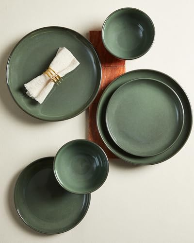 Image of Pokini Stoneware Dinnerware Sets for 6, 18 Piece Microwave Safe Plate and Bowl Set, Easy to Clean & Durable Dishes Sets for Small to Medium Families, Forest Green