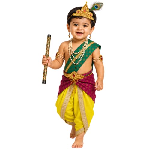Image of Krishna Dress for Baby Boy Kids(Dhoti,Patka,Mukut,Morpankh,Bansuri,Kamarband,Bajuband,Kundal) Little Krishna Ji Kanha Janmasthmi Costume