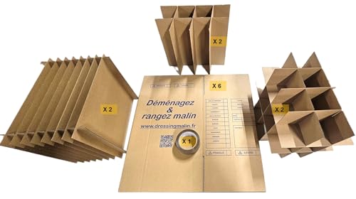 Dressing Malin Kit Déménagement Vaisselle – 6 Cartons Multi-Usage (34x26x32 cm, 28L), Séparateurs 9 Assiettes, 36 Verres, 12 Bouteilles, 1 Rouleau...