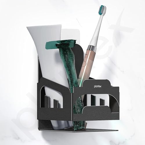 Image of Plantex Self Adhesive Tumbler Holder for Barthroom /Stainless Steel Toothbrush Holder /Toothpaste Stand /Bathroom Accessories - Pack of 1 (Black)