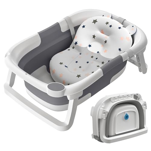 Baby Bath Tub Foldable Collapsible Newborn Bathtub Essentials with Bath Support and Non Slip Bath Seat Cushion Stand Pad Folding Infant Baths Tub Toddler 0-24 Months Portable Travel Save Space(Grey)