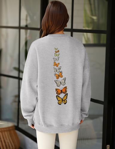 Lomon Sweatshirt Womens Crewneck Sweater Loose Fit Graphic Sweatshirts Pullover Preppy Hoodies(Charcoal Gray-Butterfly,L thumb #3