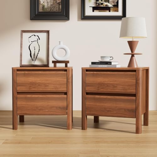 Image of Furniway Nightstands Set of 2, 2 Drawer Nightstand with Wood Legs, Mid-Century Modern Bedside Table with Storage, Wooden End Table for Bedroom, Walnut
