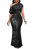 VERWIN Women's Sequin Maxi Dress Ruffle One Shoulder Bodycon Sparkly Mermaid Party Cocktail Gown L Black