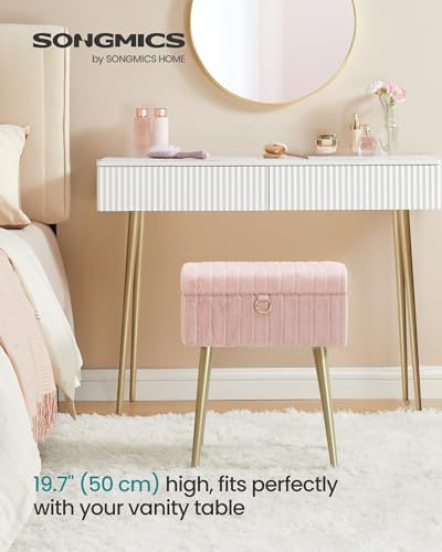 Image of SONGMICS Vanity Stool Chair Faux Fur with Storage, Vanity Bench, Metal Legs, Adjustable Feet, for Living Room, Bedroom, Makeup Room, Jelly Pink ULOM505SZ02