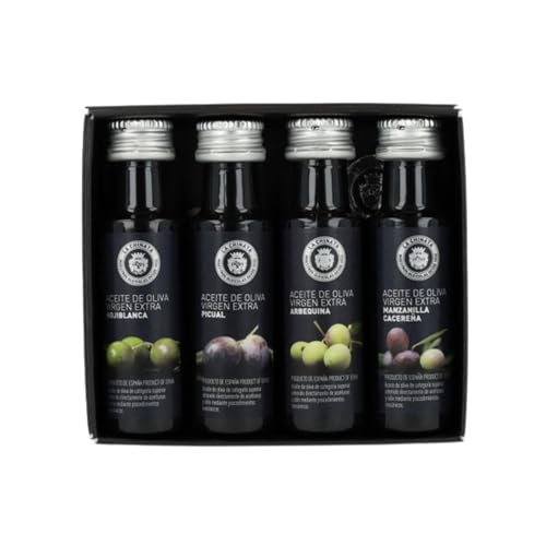 La Chinata Aceite de Oliva Virgen Extra - Estuche Degustación con 4 Variedades : Hojiblanca, Arbequina, Picual, Manzanilla | 2 Pack Gourmet Ideal para Regalar | Cata de AOVE | 25 ml Cada Uno (4)