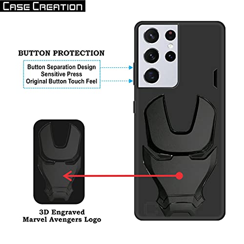 Image of COVERLY Official 3D Touch Feel Trending Real Hero Avengers Logo Mask Soft Rugged Grip TPU Iron Man Super Power Cartoon Movie Silicone Matte Strong Back Cover for Samsung Galaxy S21 Ultra -Black