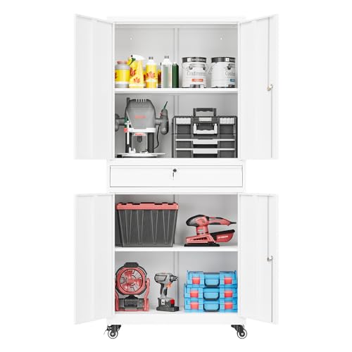 73" Metal Cabinet-White Heavy Duty Rolling Storage Cabinet Steel Tool Cabinets with Wheels, Shelves, Lockable Doors and Drawers- for Garage, Pantry, Warehouse Home Office- Assembly Required