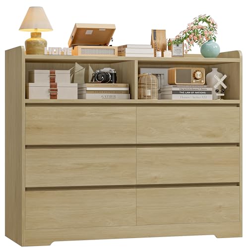 FOREHILL Commode Chambre Commode 6 Tiroirs 3 Étagères Ouvertes Commodes Chambre Adulte Meuble Armoire de Rangement pour Salon Bureau Couloir Chêne...