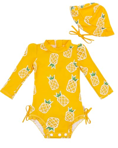 Image of ALVA Girls' One Piece Swimsuit with Hat, Baby Rash Guard Sets,Long Sleeve Zipper UPF 50+ Sun Protection Bathing Suit