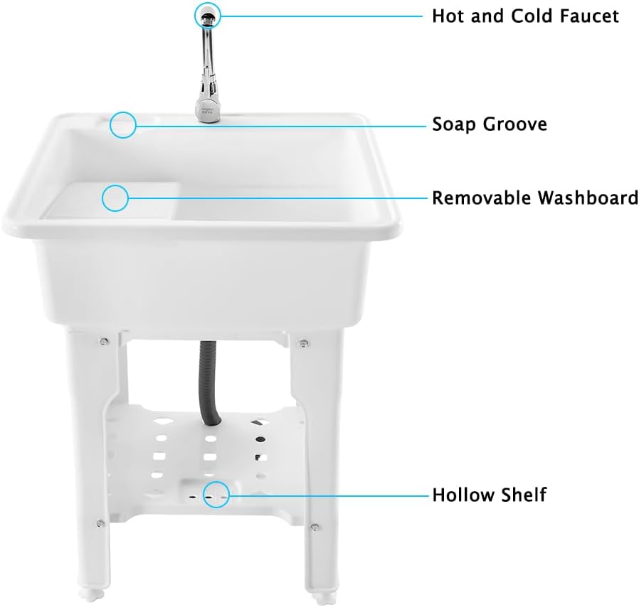 Utility Sink Freestanding Utility Sink Laundry Tub with Faucet Outdoor Washing Tub Wash Station Sink White Utility Sink for Laundry Rooms, Basements, Garages or Stores