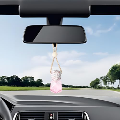 Image of Bling Car Hanging Bottle, 2PCS Crystal Rhinestone Empty Clear Vehicle Essential Diffuser Glass Pendant with Wooden String, Diamond Auto Interior Oil Vase Decor, Universal Fit (Pink)