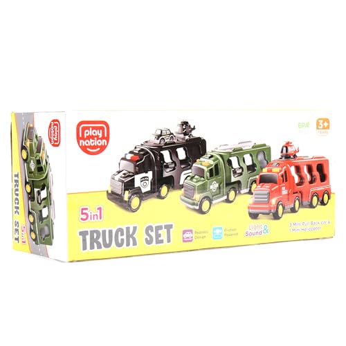 Image of Play Nation 5-in-1 Friction-Powered Truck Toy Set with Light&Sound-Educational Transport Carrier Vehicle for Kids 3 Years+,Emergency Rescue Toy for Girls&Boys,Birthday Gift (Fire,Red)