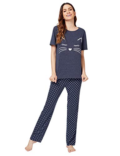 DIDK Women's Cute Cartoon Print Tee and Pants Pajama Set Kitty Navy XX-Large
