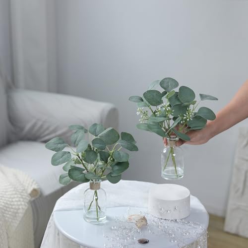 Zheart-2-Pack-Small-Fake-Plants-Eucalyptus-PottedArtificial-Eucalyptus-Stems-in-Glass-Vase-with-Faux-Water-for-Shelf-Desk-Bathroom-Farmhouse-Room-Office-Coffee-Table-Kitchen-Home-Decor-Green
