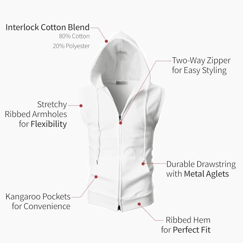 Image of Ohoo Mens Slim Fit Sleeveless Lightweight Zip Up Hooded Sweatshirt Vest Hoodie