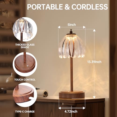 Image of Shenmoyl Tulip Table Lamp with 5200mAh Battery & Touch Control, Small Cordless Table Lamp with 3 Colors, Rechargeable Battery Operated Table Lamps for Bedroom, Desk, Bedside (Transparent-Walnut Color)