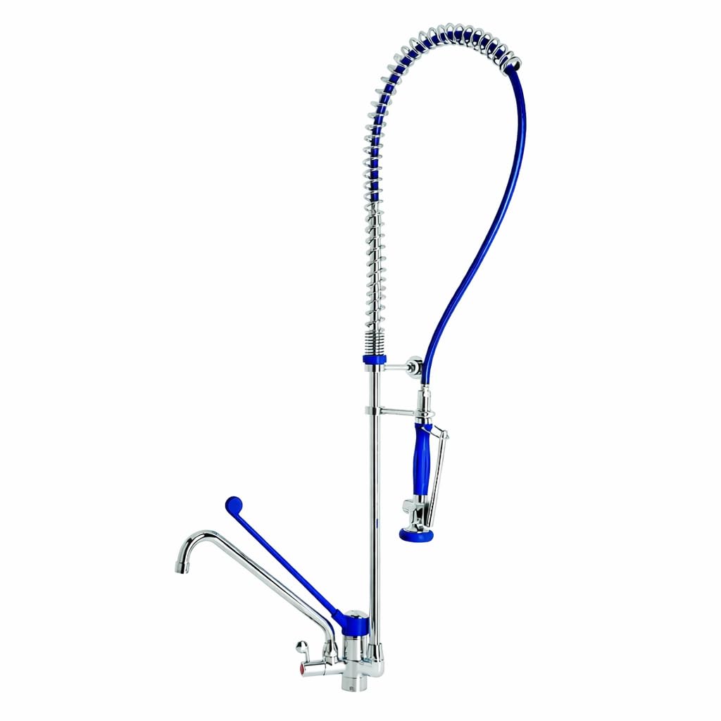 Genebre – Grifo Columna Prelavado Profesional 1707 04 | Grifo Industrial Monomando con Maneta Médica, Ducha Extraíble y Caño Giratorio | Cocina Profesional Hostelería Restaurante | Acero Inoxidable