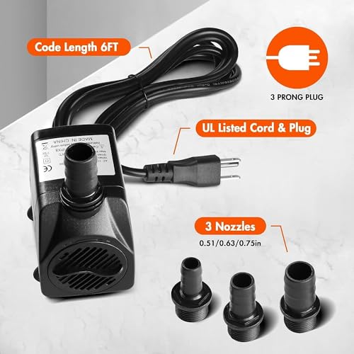 Image of Simple Deluxe 8.2ft High Lift 400 GPH 30W Water Table Pump (1514L /H) with 3 Nozzles, Perfect for Fish Tank, Hydroponics, Fountains, Ponds, Aquariums, Black