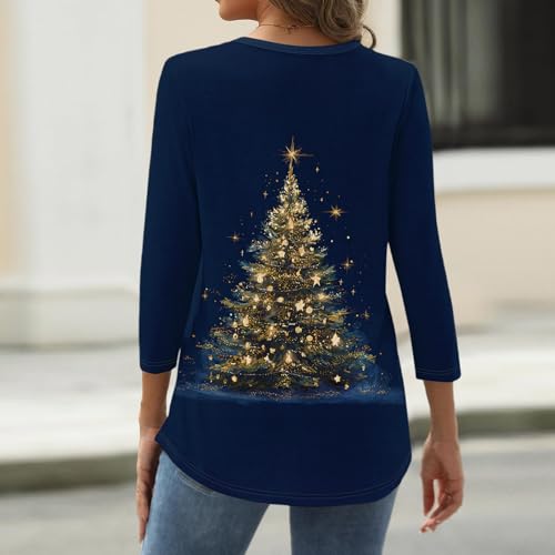 Image of Women Christmas Shirt 3 /4 Length Sleeve Henley Tops Xmas Outfits