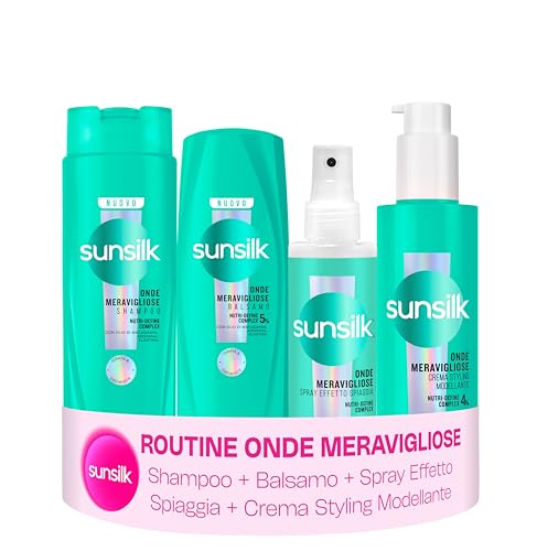 Sunsilk Kit Onde Meravigliose Set 4 Prodotti per Capelli Mossi | Shampoo 250ml + Balsamo 200ml + Crema Styling 200ml + Sea Salt Spray 150ml, Effetto Anticrespo per Onde Naturali e Definite