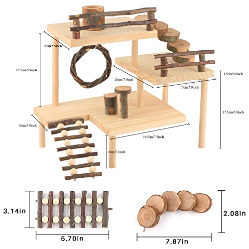 Image of Hamster Climbing Toys 3-Tier Extra Large Hamster Playground Natural Wooden Small Animal Platform Toys Hamster Exercise Activity Climbing Platform with Bridge for Gift