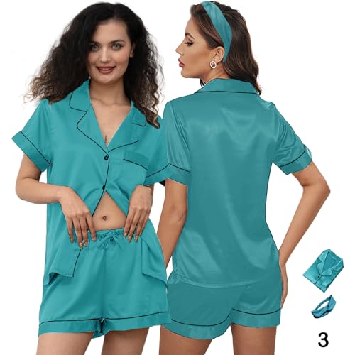 Image of 3Pcs Silk Pajamas XS-4XL Womens Satin Pajama Short Floral Sleepwear Bride Soft Pj Lounge Sets Pjs Shorts Set