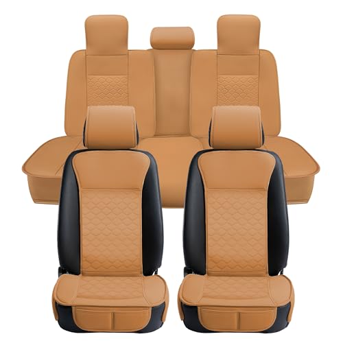 Image of Elantrip Car Seat Cover Full Set Leather Car Seat Protector Universal fit for Most Cars SUVs and Trucks Water Proof Front and Rear Seat Protector Whiskey Color