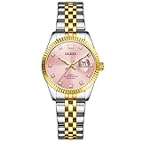 OLEVS Orologio da polso da donna con diamanti, analogico, al quarzo, in acciaio inox, impermeabile, luminoso, bicolore, 3705: cinturino in oro argento e quadrante rosa oro