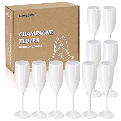 XUWAIDSGN Champagne Flute Acrylic Champagne Glasses Wedding Toasting Champagne Flute Goblet Plastic Reusable Unbreakable Champagne Cups for Bachelorette Wedding Bridal Shower Party (White, 10)