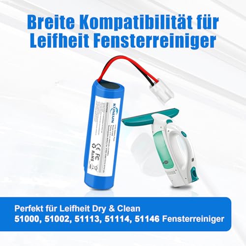 KUNLUN 3,7V 3500mAh Ersatzakku für Fensterreiniger, Li-Ion Ersatzakku für Leifheit Dry&Clean 51000 51002, 51113, 51114 Fenstersauger
